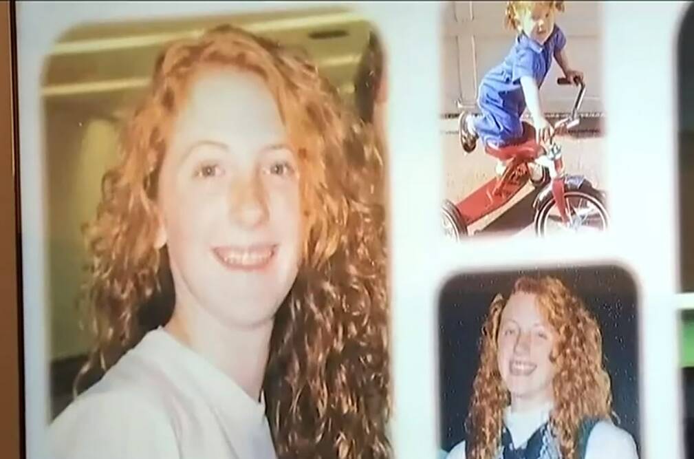 Photo via broadcast video feed.
Photos of Sarah Yarborough were shared during the sentencing of Patrick Nicholas, who was convicted last month of killing Sarah in 1991.