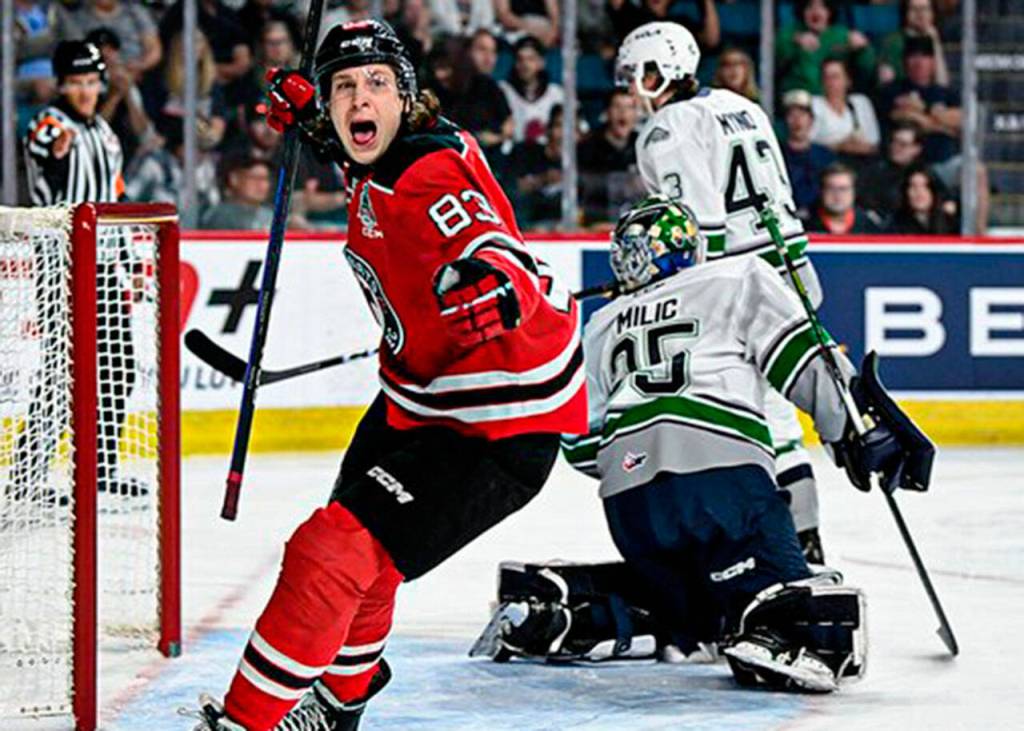Quebecs Vsevolod Komarov celebrates his first-period goal against the Seattle Thunderbirds in the Memorial Cup championship game. COURTESY PHOTO, CHL