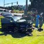 A vehicle ended up off the road after a two-vehicle crash Thursday afternoon, June 15 along SE 240th Street near 120th Avenue SE. COURTESY PHOTO, Puget Sound Fire