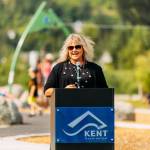 Kent Mayor Dana Ralph speaks at the June 28 grand opening of Van Dorens Landing Park along the Lower Russell levee on the Green River. COURTESY PHOTO, City of Kent