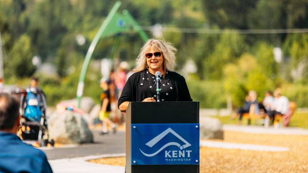 Kent Mayor Dana Ralph speaks at the June 28 grand opening of Van Dorens Landing Park along the Lower Russell levee on the Green River. COURTESY PHOTO, City of Kent