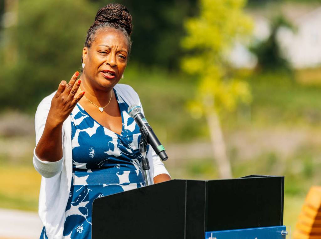 Michelle Clark, King County Flood Control District executive director, speaks at the grand opening of the Lower Russell levee along the Green River. COURTESY PHOTO, City of Kent