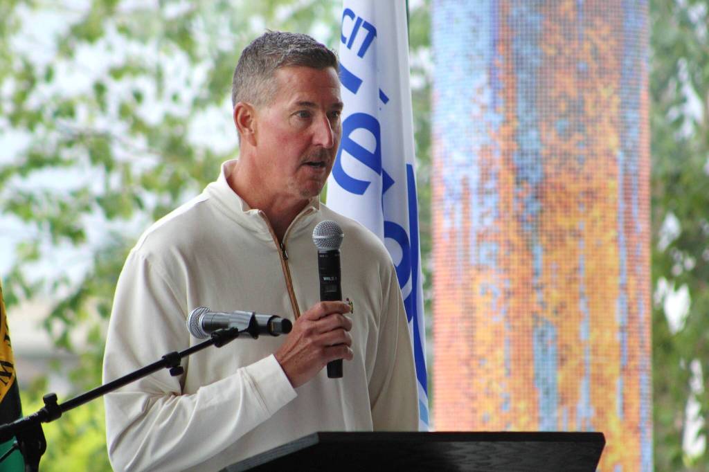 Developer Trent Mummery addressed the crowd at the PAEC. Alex Bruell / The Mirror