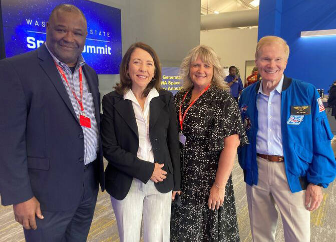 Bill Boyce, Kent City Council President, U.S. Sen. Maria Cantwell; Kent Mayor Dana Ralph; and NASA Administrator Bill Nelson on July 5 at the Washington State Space Summit. COURTESY PHOTO, City of Kent