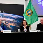 NASA Administrator Bill Nelson, U.S. Sen. Maria Cantwell and Blue Origin CEO Bob Smith at the Washington State Space Summit July 5 at Blue Origin in Kent. COURTESY PHOTO, Office of Sen. Cantwell