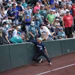 Juan Soto inches away from making a spectacular catch in the stands looks at his glove in hopes the ball is inside. Ben Ray / The Mirror