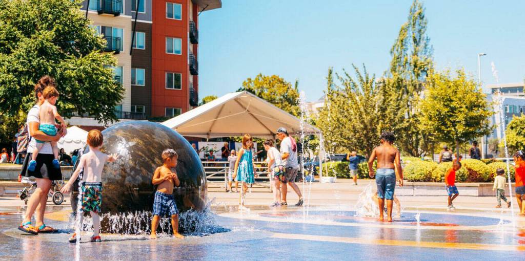 Children cool off at the Town Square Plaza fountains during Kent Cornucopia Days. COURTESY PHOTO, City of Kent