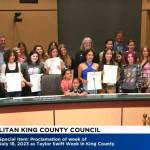 King County Councilmember Claudia Balducci invited young Swifties to read the proclamation, with each taking an album title-themed clause. (Courtesy of King County)