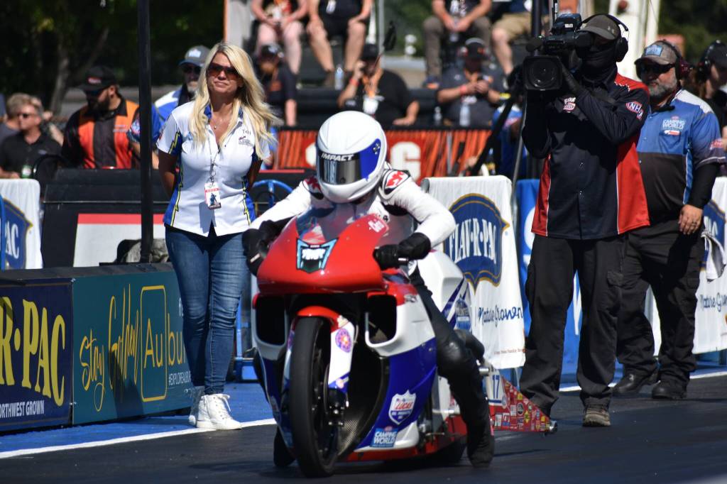 Chris Bostick prepares before his Prostock Motorcycle race. (Photos by Ben Ray / Sound Publishing)
