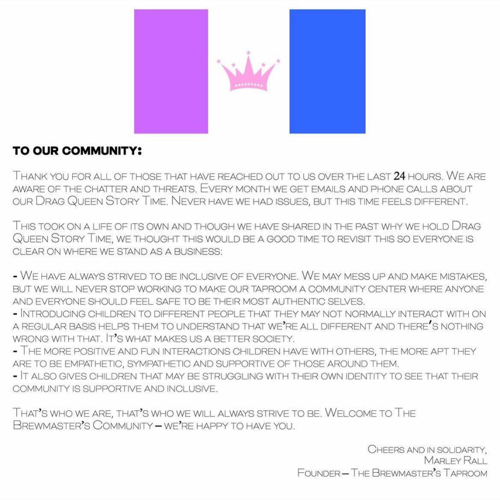 A statement posted to the Brewmasters Taproom Facebook page on Tuesday, Dec. 6. Image courtesy of The Brewmasters Taproom.