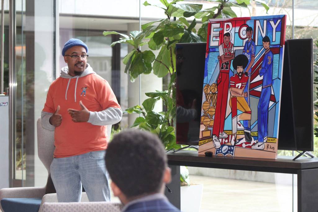 Photos by Bailey Jo Josie/Sound Publishing
Artist Rodney King talks about his latest painting which depicts political Black figures in American sports.