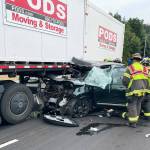 The driver of this car escaped with non-life-threatening injuries in a crash just after 11 a.m. Saturday, Aug. 5 near the intersection of Kent Des Moines Road, West Meeker Street and Reith Road. COURTESY PHOTO, Puget Sound Fire