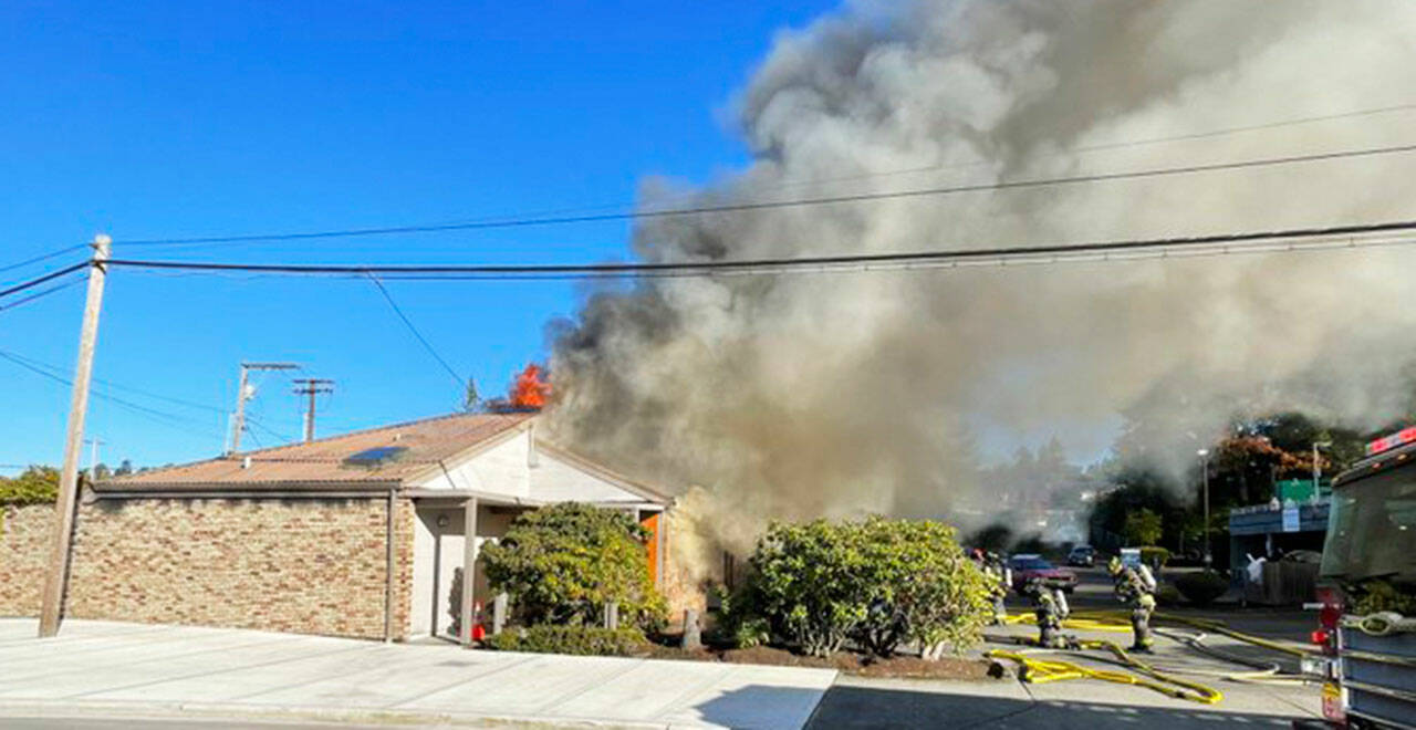 Fire broke out Monday afternoon, Oct. 30 at a vacant commercial building at 120 State Ave. N., in Kent. COURTESY PHOTO, Puget Sound Fire