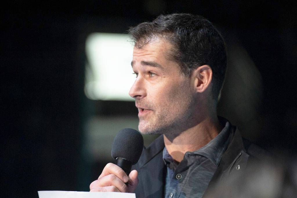 Patrick Marleau speaks to the crowd at the accesso ShoWare Center. COURTESY PHOTO, Brian Liesse, Seattle Thunderbirds