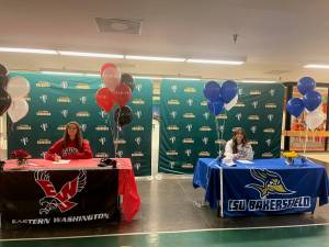 Senior midfielder Jayda Sparks (left) signed to Eastern Washington University and forward/defender Ella Schug (right) committed to Cal State University at Bakersfield. (Photo provided by John Flanigan)