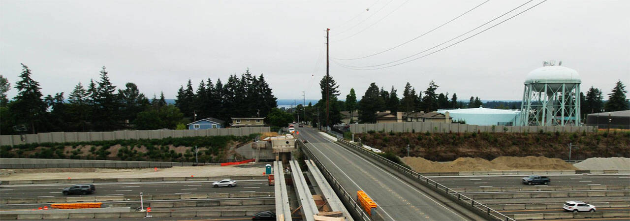 Construction on the new South 216th overpass along Interstate 5 in SeaTac. The old overpass will be demolished starting Dec. 8, causing overnight freeway closures for at least one weekend and possibly two weekends. COURTESY PHOTO, State Department of Transportation