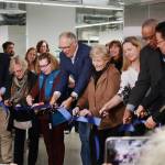 Local leaders help cut the ribbon at the Federal Way toxicology lab opening event. From left to right: Mayor Jim Ferrell, Sen. Claire Wilson, Deputy Mayor Susan Honda, Gov. Jay Inslee, Council President Linda Kochmar, Dr. Fiona Couper, director of the Forensic Laboratory Services Bureau, WSP Chief John Batiste and Federal Way Police Chief Andy Hwang. (Photo by Keelin Everly-Lang / The Reporter)