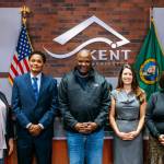 Kent Mayor Dana Ralph, far left, swore in Kent City Council members John Boyd, Bill Boyce, Zandria Michaud and Marli Larimer on Friday, Dec. 22. COURTESY PHOTO, City of Kent