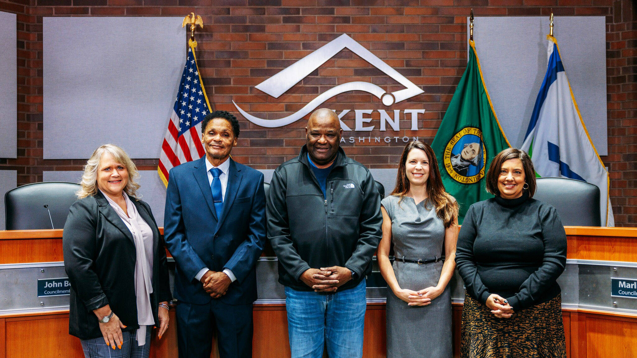 Kent Mayor Dana Ralph, far left, swore in Kent City Council members John Boyd, Bill Boyce, Zandria Michaud and Marli Larimer on Friday, Dec. 22. COURTESY PHOTO, City of Kent