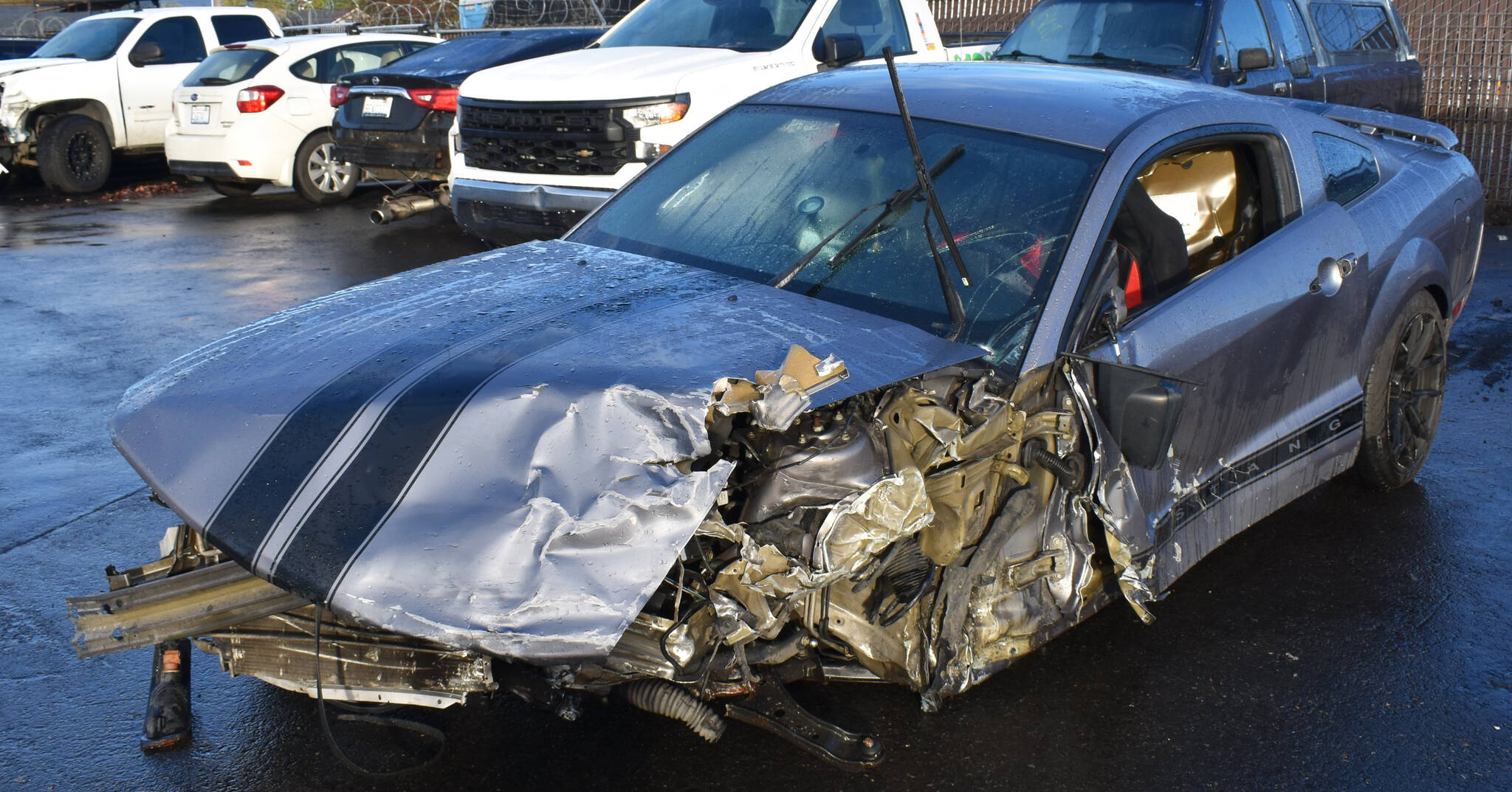 State Patrol troopers arrested the driver of this Ford Mustang for investigation of vehicular assault after he reportedly drove the wrong way Jan. 21 on State Route 167 near Kent and crashed into another vehicle. COURTESY PHOTO, Washington State Patrol