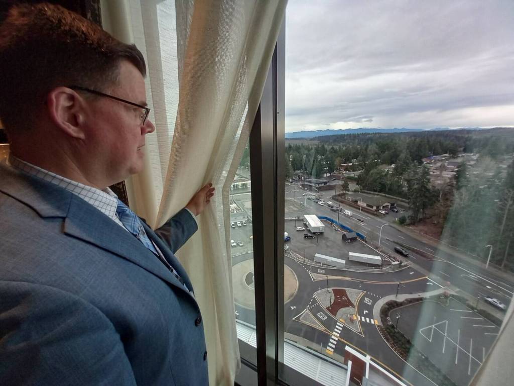 The Muckleshoot Casino Resort offers some stellar views, as shown here by Robert Dearstine, executive director of Resort Operations, looking south toward Mount Rainier, which is visible on a clear day. Photo by Robert Whale/Sound Publishing