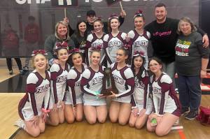 Courtesy photo
Pictured: Kentlake High Schools cheer team. Kentlake won one category over Gig Harbor and 3A NPSL rival Auburn Riverside in the 3A Game Day Small event. The Falcons scored 77.6 just beating out the Tides, who scored 76.6.