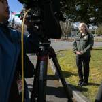 Snohomish County Sheriffs Office spokesperson Courtney OKeefe speaks about a crash that killed a Washington State Patrol trooper on southbound I-5 on Saturday, March 2, 2024, in Marysville, Washington. (Ryan Berry / The Herald)