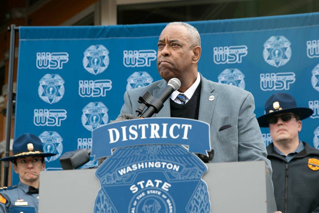 Washington State Patrol Chief John Batiste addresses the media outside state patrols District 7 Headquarters after an overnight crash that killed trooper Chris Gadd on southbound I-5 Saturday, March 2, 2024, in Marysville, Washington. (Ryan Berry / The Herald)