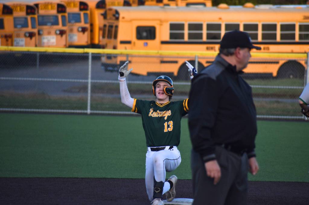 Teegan OBrien hits his double celebration in the Chargers first game of the night. Ben Ray / The Reporter