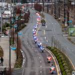 Washington State Patrol officers on motorcycles drive down Marine View Drive in a memorial procession for Washington State Trooper Christopher Gadd on Tuesday, March 12, 2024 in Everett, Washington. (Olivia Vanni / The Herald)