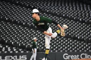 Dominic DesMarais pitches at T-Mobile Park against Lake Washington. Ben Ray / The Reporter