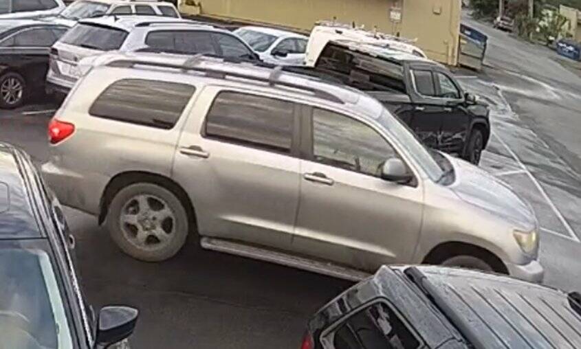 The suspects drove a silver 2010 Toyota Sequoia. Police say the vehicle has significant front end and drivers side damage. (Courtesy of the Renton Police Department.)
