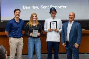 2024 Kent Reporter Athletes of the Year are Ella Wick and Ethan Loghry. Pictured left to right: Kent Reporter sports writer Ben Ray, Ella Wick, Ethan Loghry, and Brian Smith, Kent School District Director of Athletics and Activities. Photo provided by ROBBY MULLIKIN