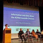 Renton Police Departments Meeghan Black speaks at the 2024 community safety forum with (from left) Chief Jon Schuldt, Jimmy Hung, Veronica Galván, Randy Matheson and Katya Wojcik. Photo by Joshua Solorzano/The Reporter