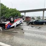 An American Medical Response vehicle flipped during a multiple vehicle crash June 2 on Interstate 5 in Seattle that killed Shanique Dickens, 26, of Kent. Dickens also had connections to Federal Way. COURTESY PHOTO, Washington State Patrol