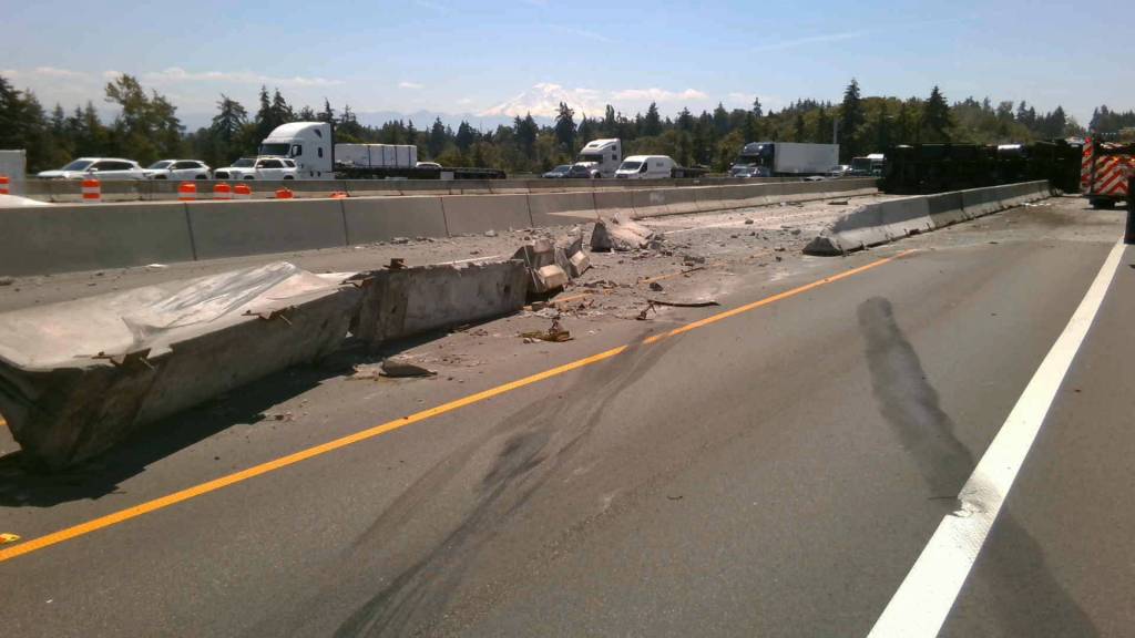 Freeway barriers were damaged after a five-vehicle collision Friday, June 21 along southbound Interstate 5 in Kent near State Route 516. COURTESY PHOTO, State Patrol