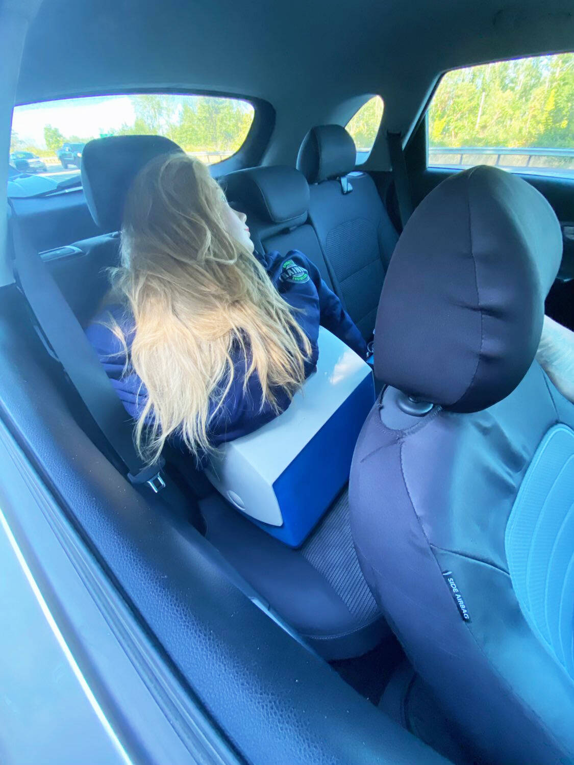 A State Patrol trooper ticketed a woman driver for speeding in the HOV lane of Interstate 5 in Kent and for an HOV violation. The woman had what she called a training aid in the vehicle in an effort to show she had a passenger to not violate the two-person rule for using the lane. COURTESY PHOTO, Washington State Patrol