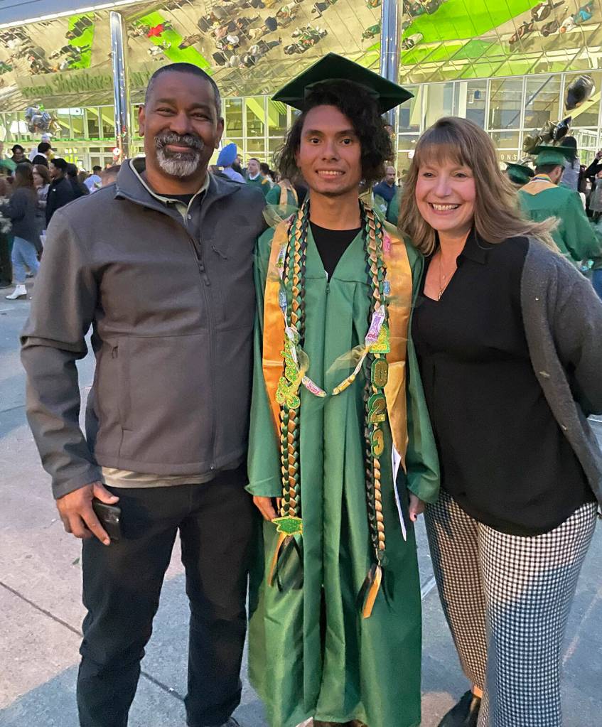 Kaden Hollis with his parents, Robert and Cindie Hollis at his 2023 graduation from Kentridge High School. COURTESY PHOTO, LIfeCenter Northwest