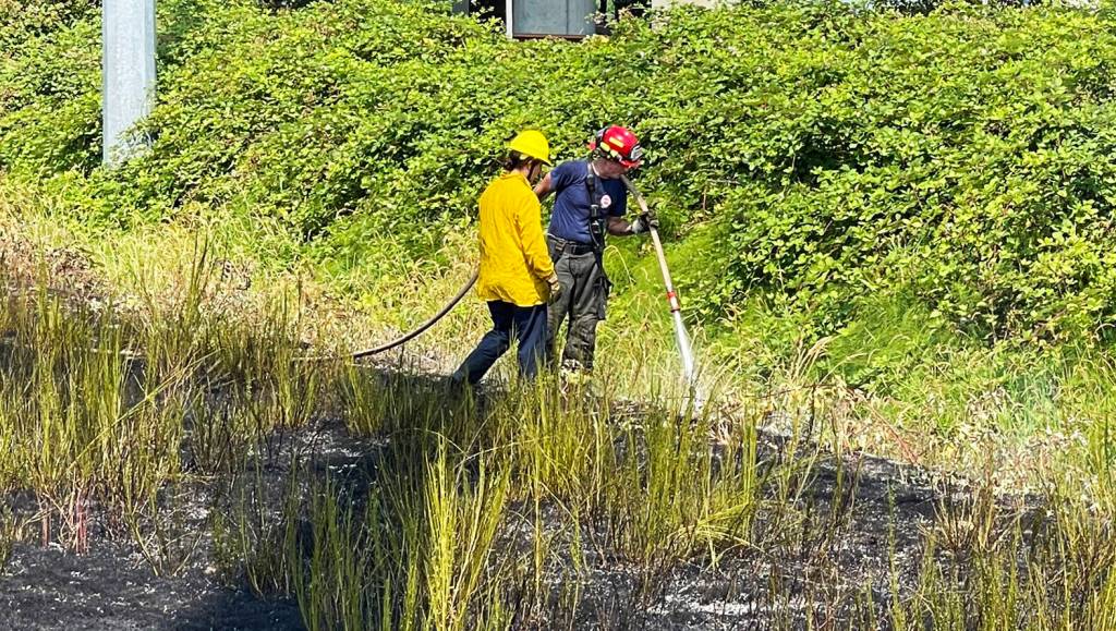 A firefighter puts out a hot spot of a brush fire Aug. 8 along the Interurban Trail in Kent. COURTESY PHOTO, Puget Sound Fire