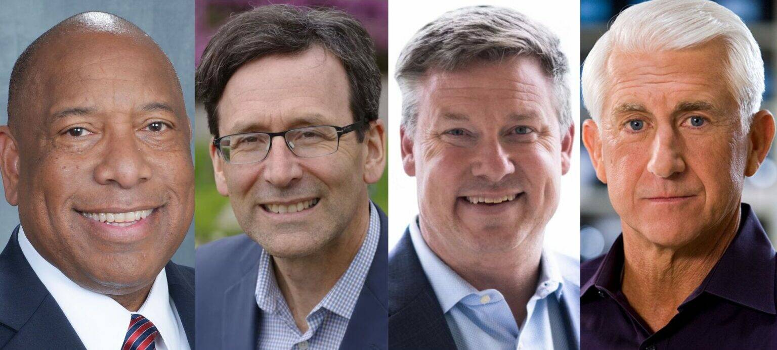 Primary candidates in the 2024 Washington state governors race. From left to right, Semi Bird (R), Bob Ferguson (D), Mark Mullet (D) and Dave Reichert (R). Photos courtesy of campaigns