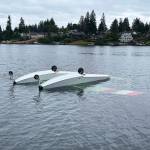 A seaplane sits upside down after crashing Saturday, Aug. 24 in Lake Meridian. COURTESY PHOTO, Puget Sound Fire
