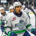 Seattle Thunderbird winger Arjun Bawa celebrates his goal against the Wenatchee Wild. Photo taken by Brian Liesse / The Seattle Thunderbirds
