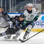Braeden Cootes absorbs the hit from a Wentachee Wild player. Photo taken by Brian Liesse / The Seattle Thunderbirds