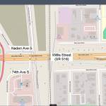 A map shows the intersection of 74th Avenue South and Willis Street and a future Naden Avenue South. When construction at the intersection is finished in 2025, drivers on northbound 74th Avenue must turn right and then go through the Fourth Avenue roundabout in order to head west on Willis Street. COURTESY GRAPHIC, King County