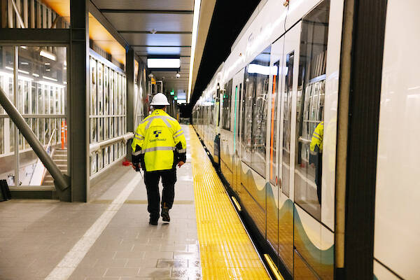 Sound Transit staff and contractors conduct livewire testing Dec. 20 between Angle Lake Station and Kent Des Moines Station, where the vehicle is parked. COURTESY PHOTO, Sound Transit