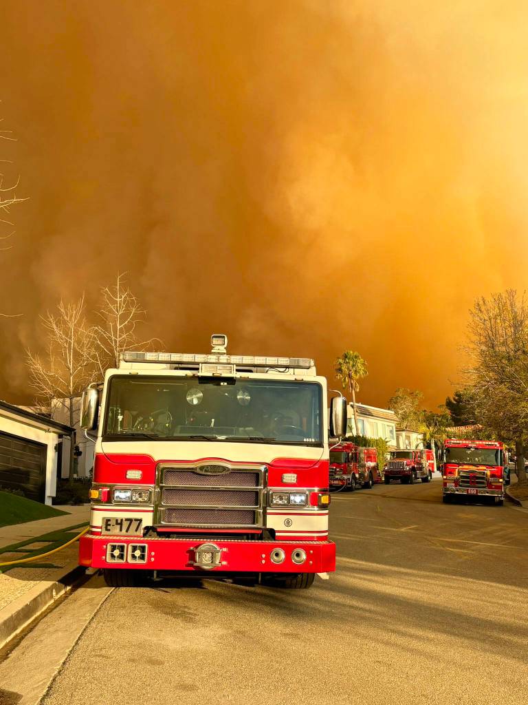 Fire engines line up to fight the Palisades fire. COURTESY PHOTO, Puget Sound Fire