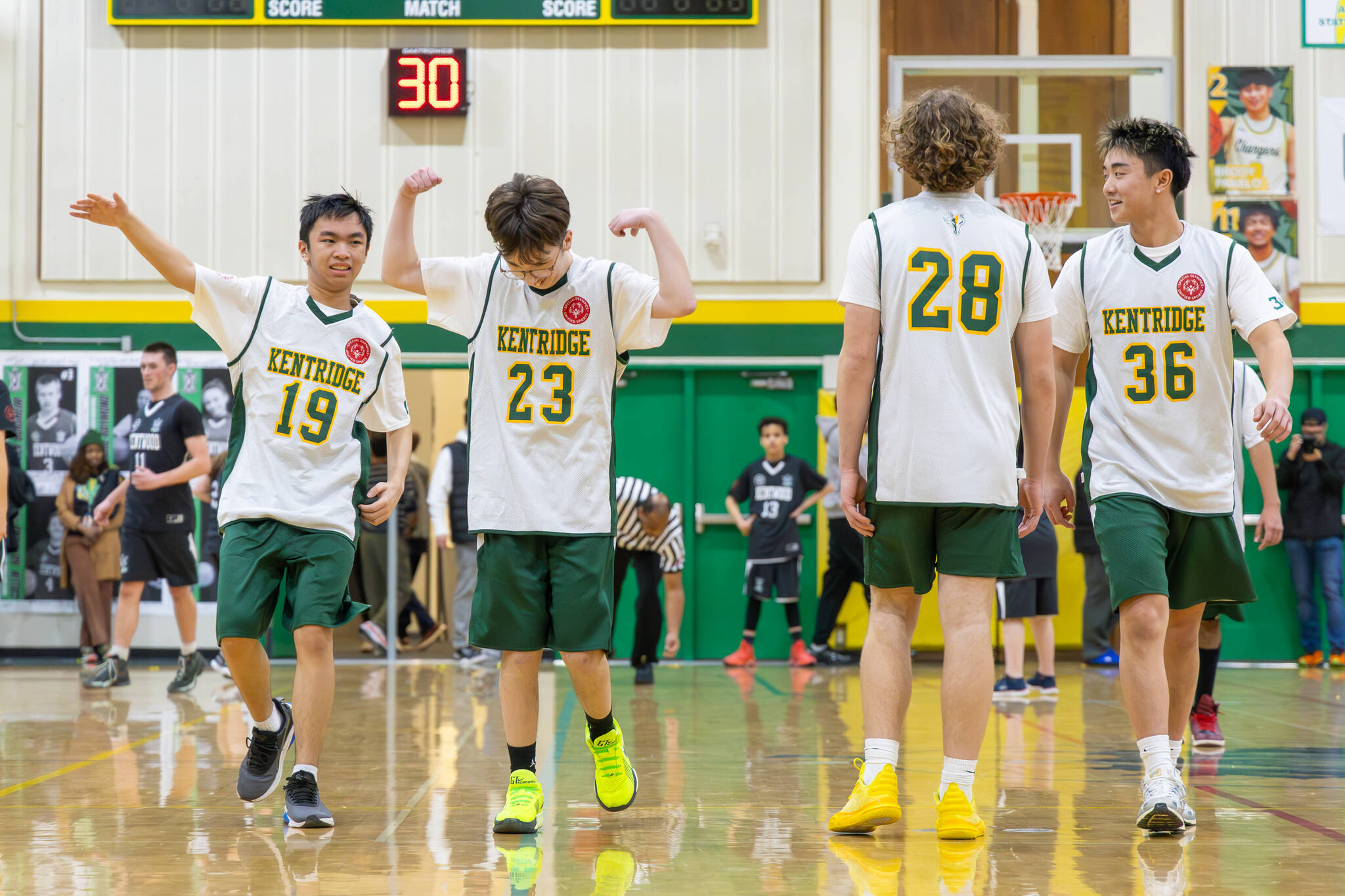 Kentridge players celebrate a basket. Photo provided by Robbie Mullikin.