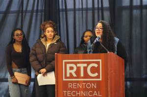 Kirsten Thornton (right) speaks about the Renton School Districts upcoming HBCU Delegation and Tour. Photo by Bailey Jo Josie/Sound Publishing.