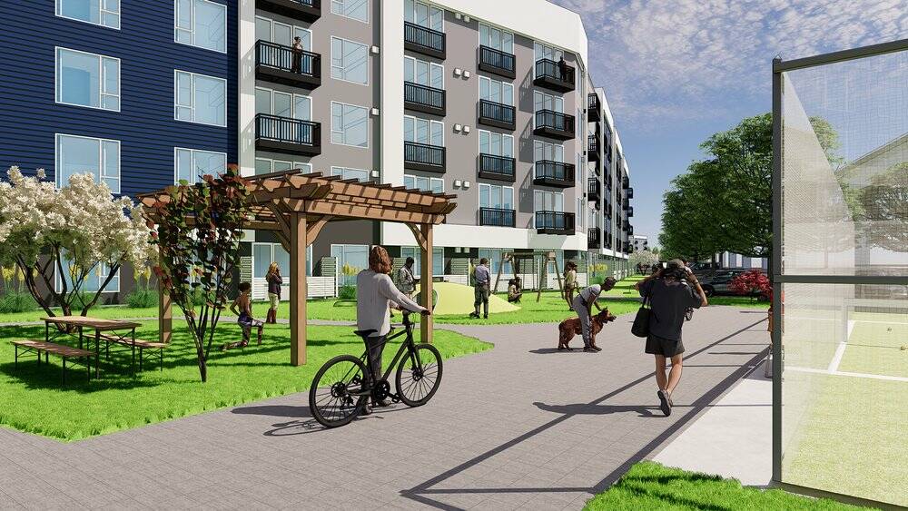 The apartment complex will feature several building types, including two seven-story buildings with above-ground parking on the first two levels. COURTESY IMAGE, Studio Meng Strazzara