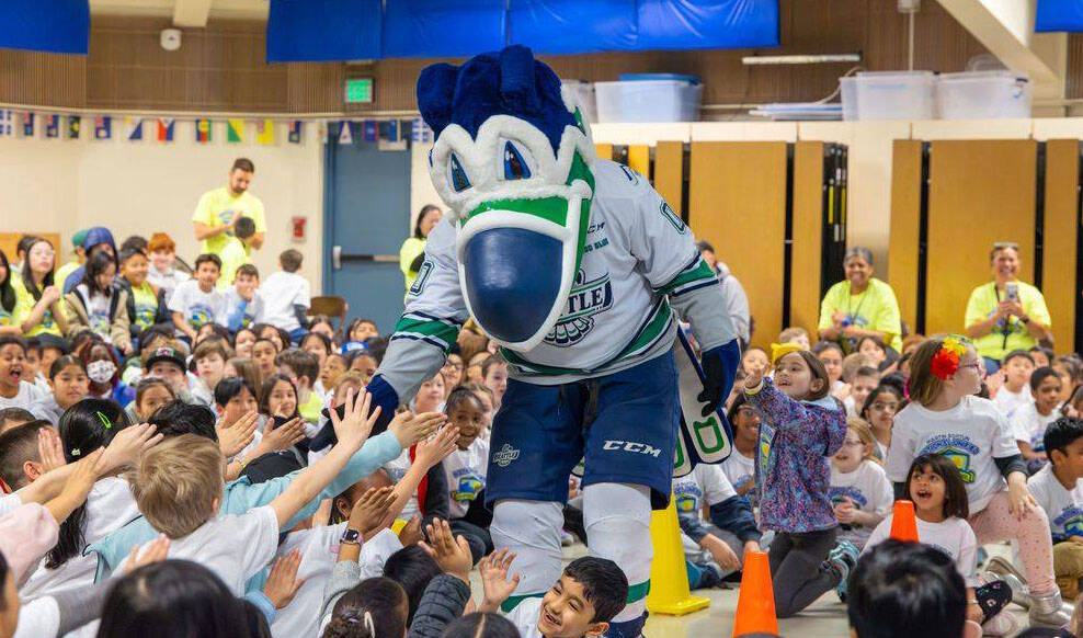 Cool Bird, the mascot of the Seattle Thunderbirds junior hockey team, joins the Special Olympics celebration at Martin Sortun Elementary School. COURTESY PHOTO, Kent School District